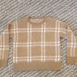 LOFT Tan and White Plaid Crewneck Sweater